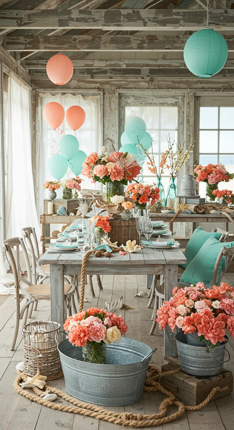 Tafel in een strandhuis-setting, gedecoreerd met koraal- en aquakleurige bloemen en ballonnen.