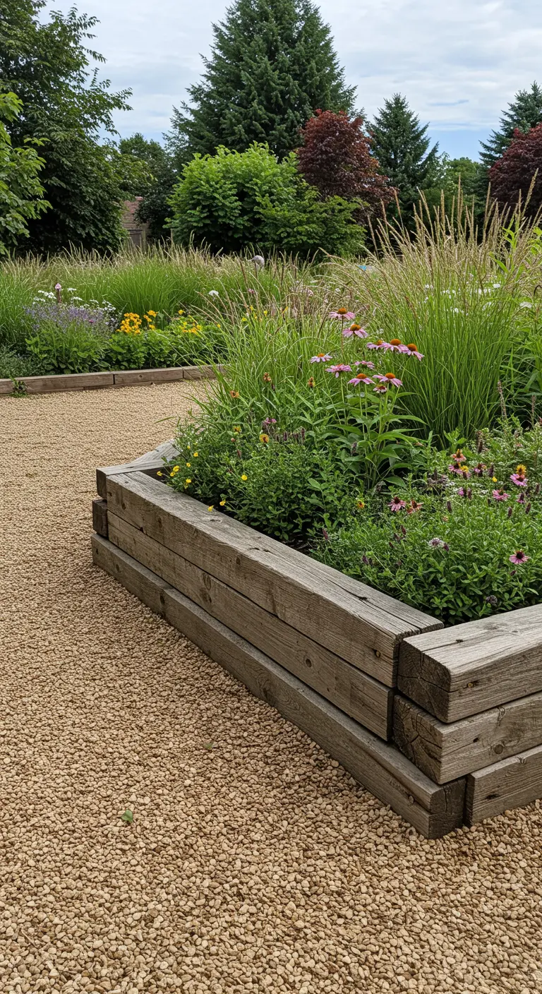 Verhoogde border van verweerd, grijs hout vol met wilde bloemen en grassen.