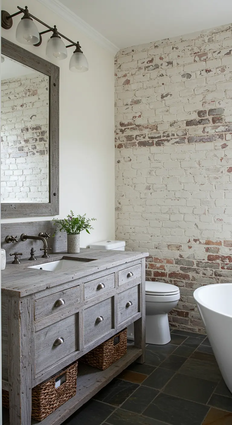 Badkamer met een witgekalkte bakstenen muur en een wastafelmeubel van verweerd hout.