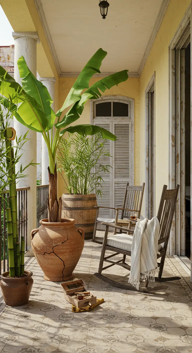 Balkon in Cubaanse stijl met verweerde schommelstoelen en een grote, gebarsten terracotta pot.