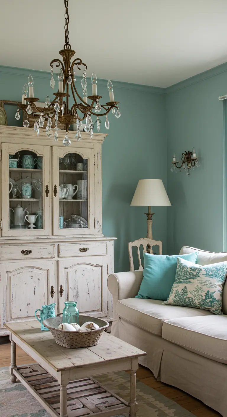 Landelijke woonkamer met verweerde witte kast, turquoise muren en een antieke kroonluchter.