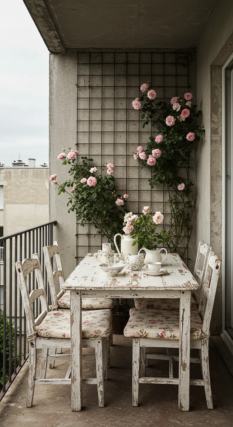 Balkon met een verweerde witte eettafel, stoelen en roze klimrozen tegen een betonnen muur.