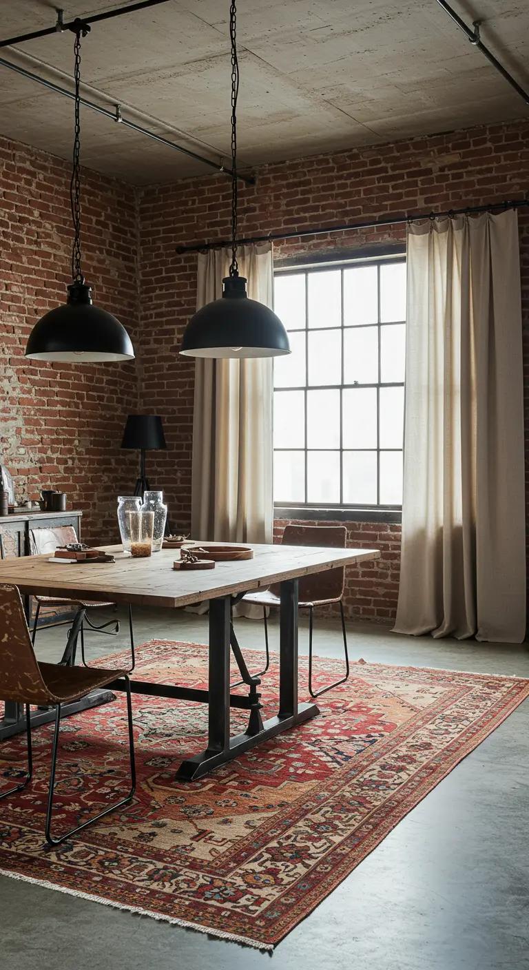 Industriële eethoek met bakstenen muur, linnen gordijnen en een kleurrijk Perzisch tapijt op de betonnen vloer.