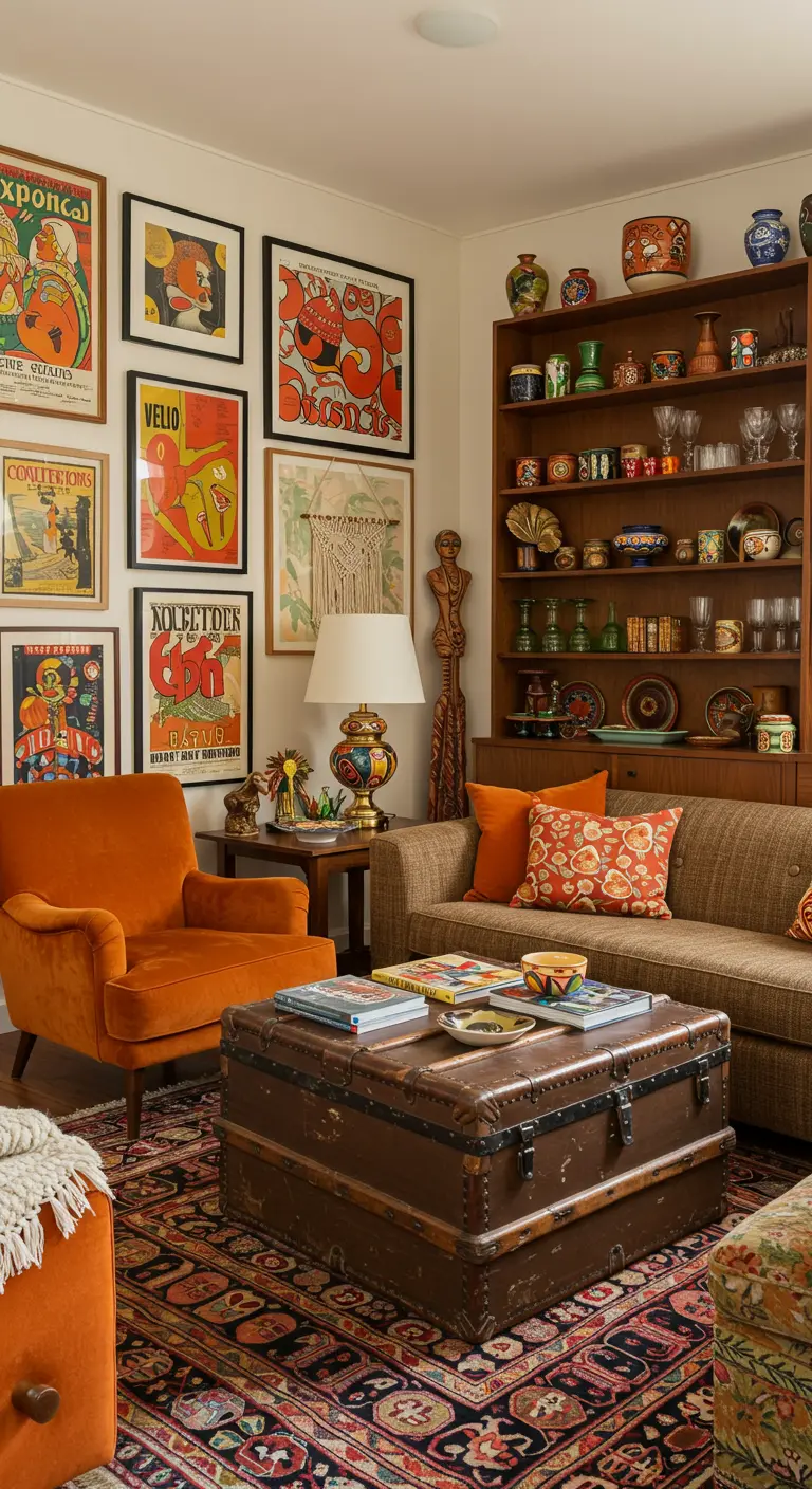 Woonkamer met galerijmuur van vintage posters, oranje fluwelen fauteuil en bruine bank.