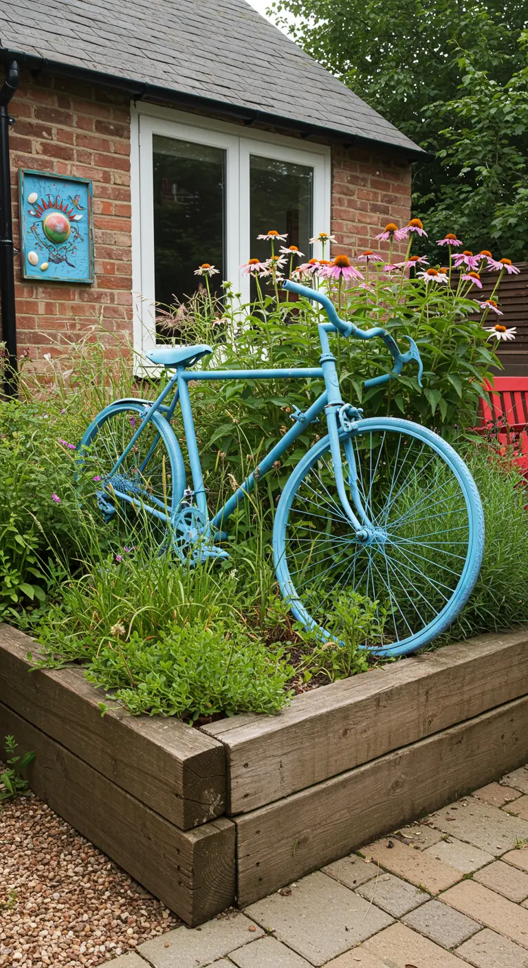 Hemelsblauwe fiets staat midden in een verhoogde houten plantenbak vol met hoge grassen en roze bloemen.