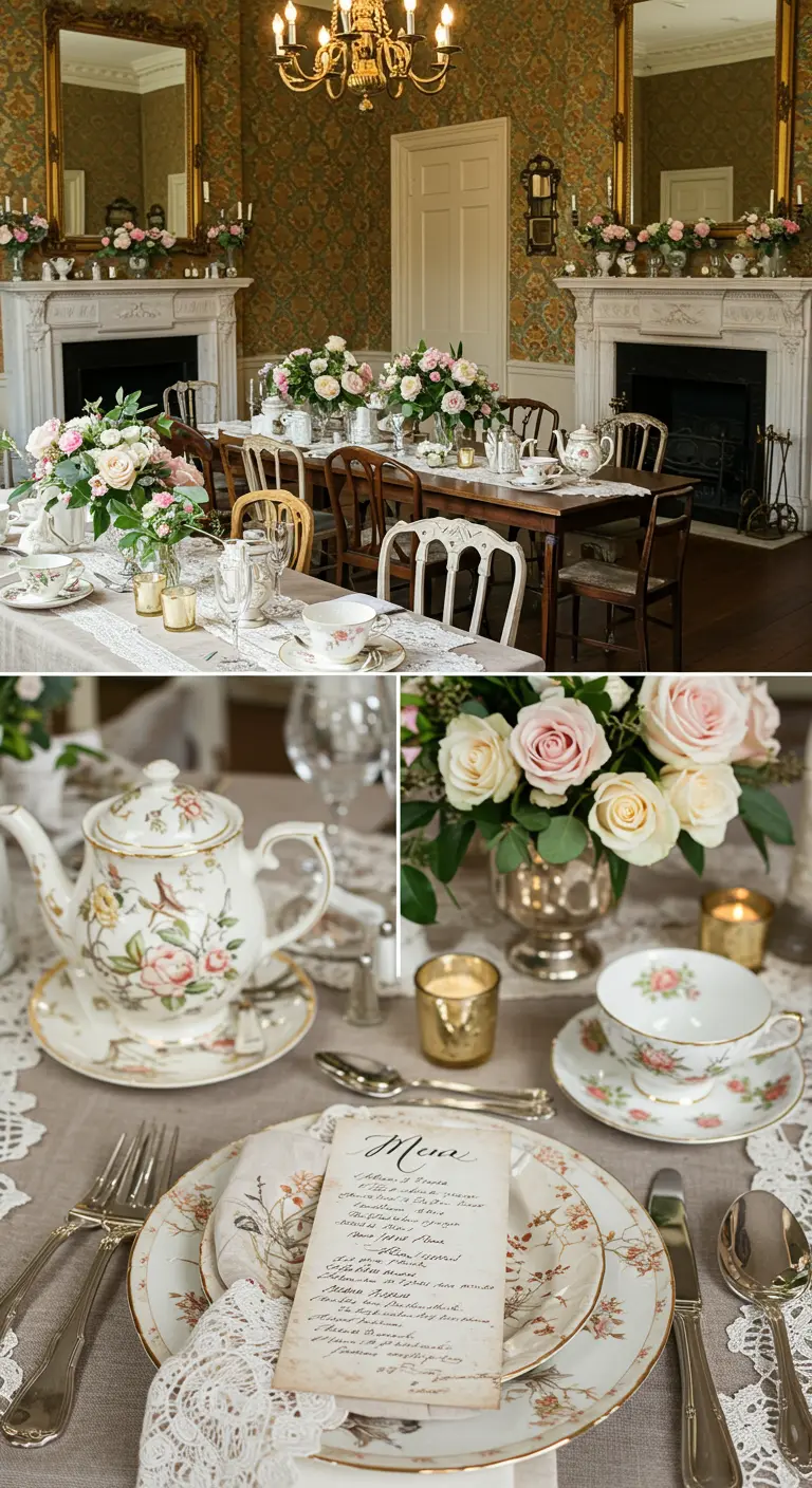 Victorian wedding table with lace, floral china, antique cutlery, and scroll menu.