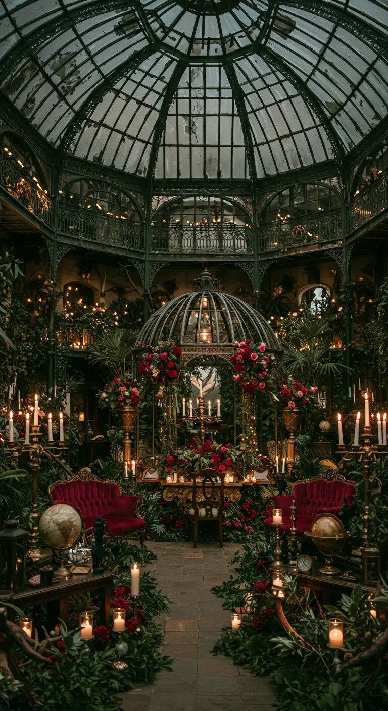 Rijke Victoriaanse kas vol groen, rode bloemen, kaarsen en fluwelen meubels.