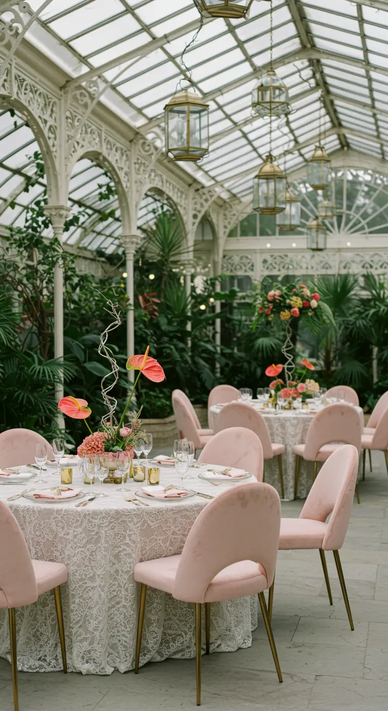 Diner in een lichte, Victoriaanse kas met roze fluwelen stoelen en kanten tafelkleden.