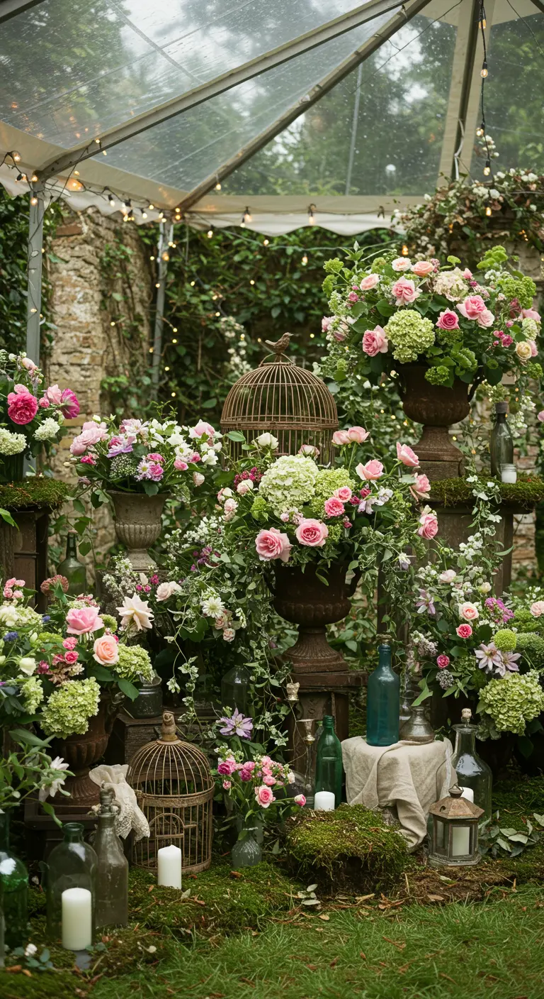 Victoriaanse tuindecoratie met vogelkooitjes, urnen en gemengde roze en witte bloemen.