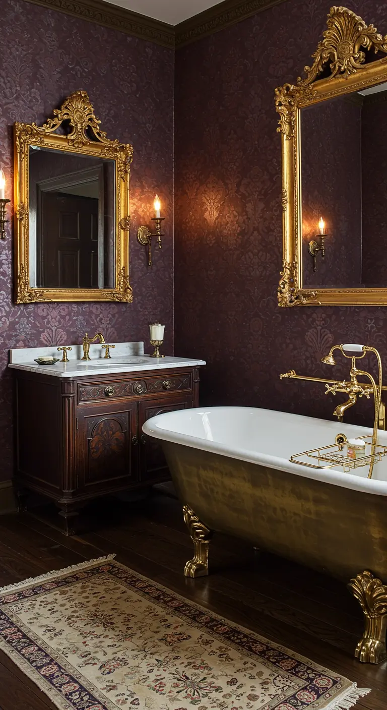 Victoriaanse badkamer met aubergine damastbehang, gouden spiegels en een gouden bad op pootjes.