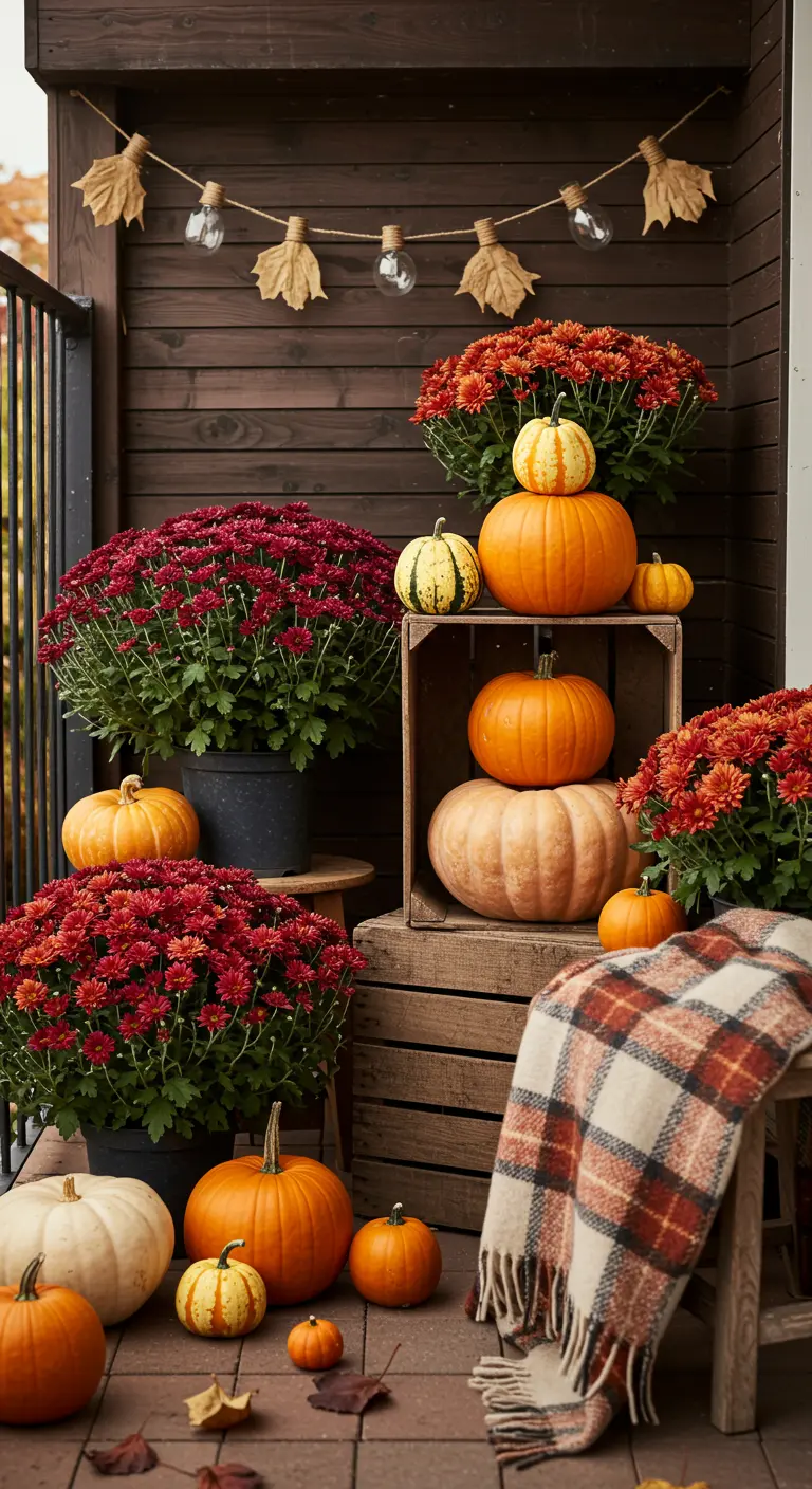 Herfstige balkonstyling met chrysanten, pompoenen in kistjes en een geruite plaid.