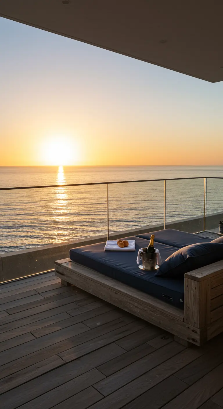 Houten daybed met donkere kussens en champagne op een terras met zeezicht.