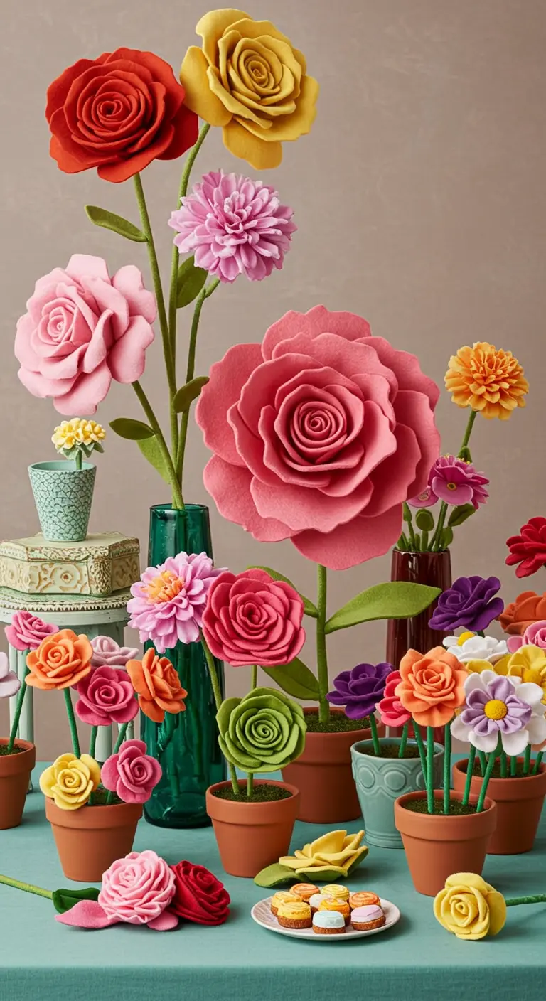 Verzameling van kleurrijke, handgemaakte vilten bloemen in verschillende potjes en vazen.