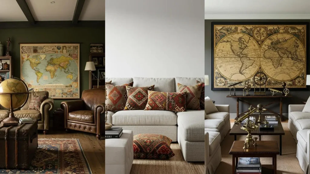 Drie woonkamers met unieke vintage details, waaronder wereldkaarten, globes en karaktervolle meubels.