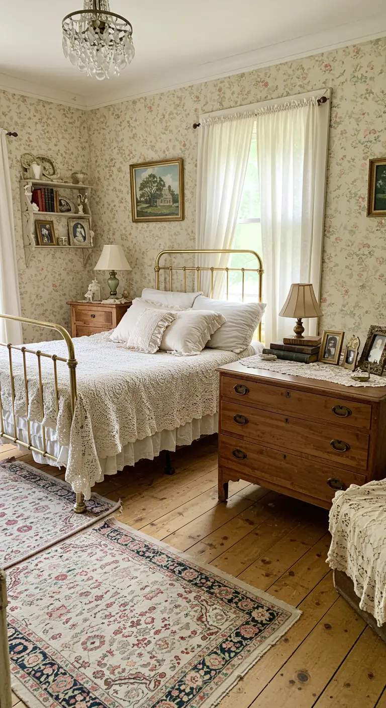 Vintage slaapkamer met bloemenbehang, antiek metalen bed, kanten dekens, en een houten ladekast.