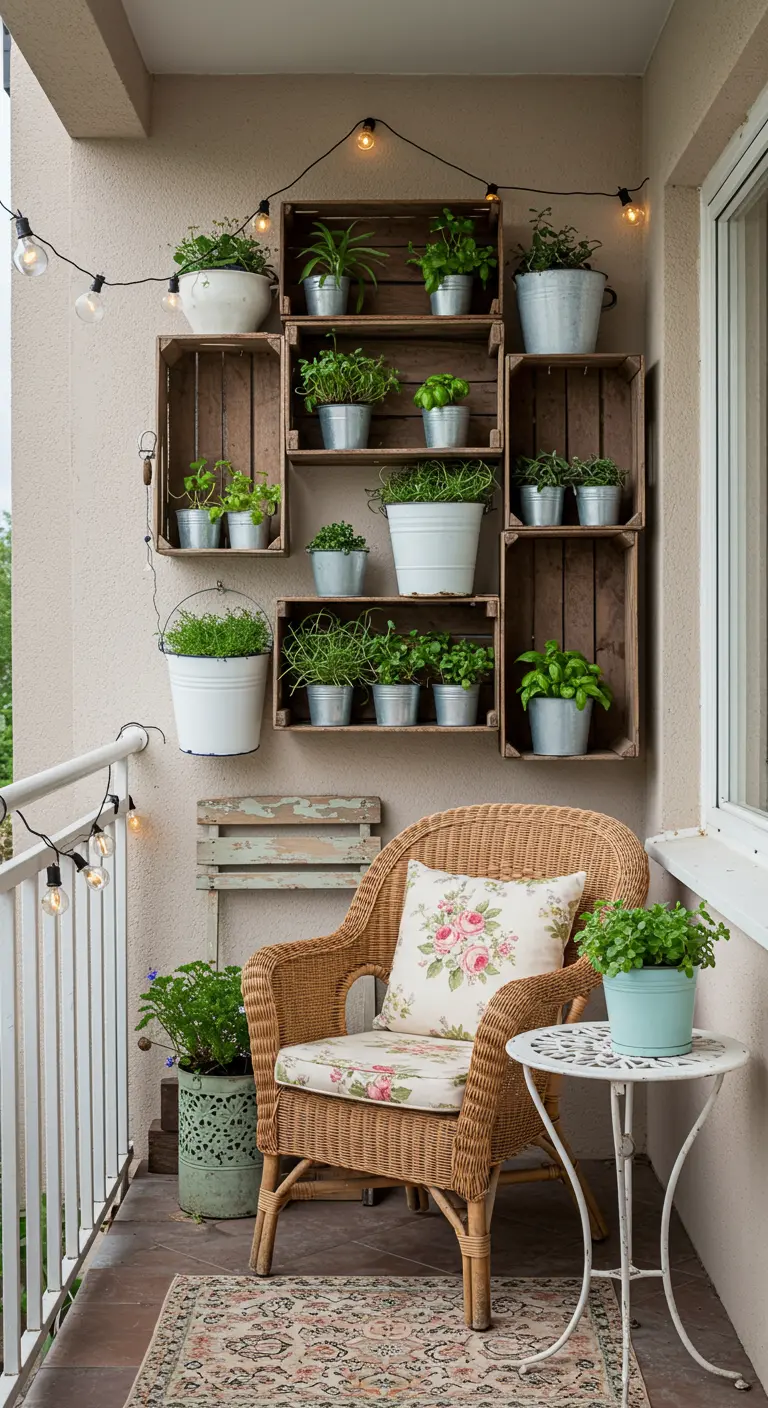 Gezellig balkon met verticale kruidenwand van gestapelde houten kratten en zinken potten.