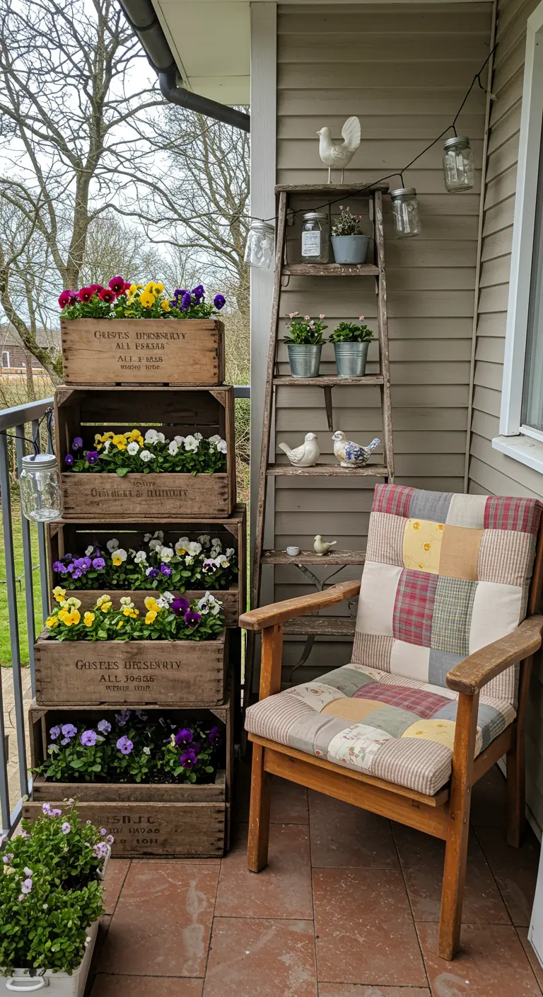 Balkon met gestapelde houten kratten, oude ladder en patchwork fauteuil.