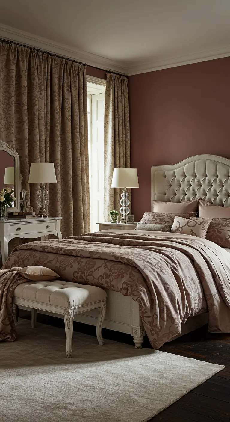 Slaapkamer met roze muren, bruin patroon beddengoed, en witte vintage meubels.