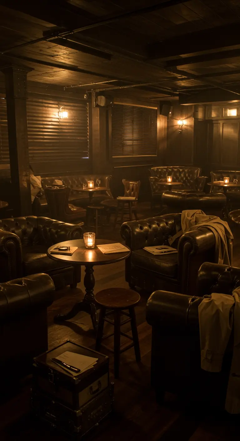Donkere, intieme speakeasy-stijl bar met leren fauteuils en kaarslicht op houten tafels.