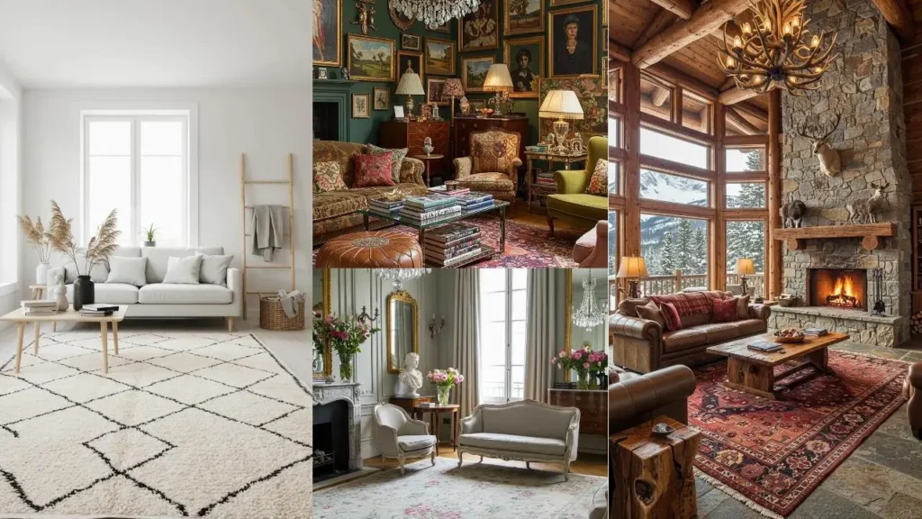 Diverse woonkamers met vintage tapijten als middelpunt, boordevol originele woonkamerideeën.