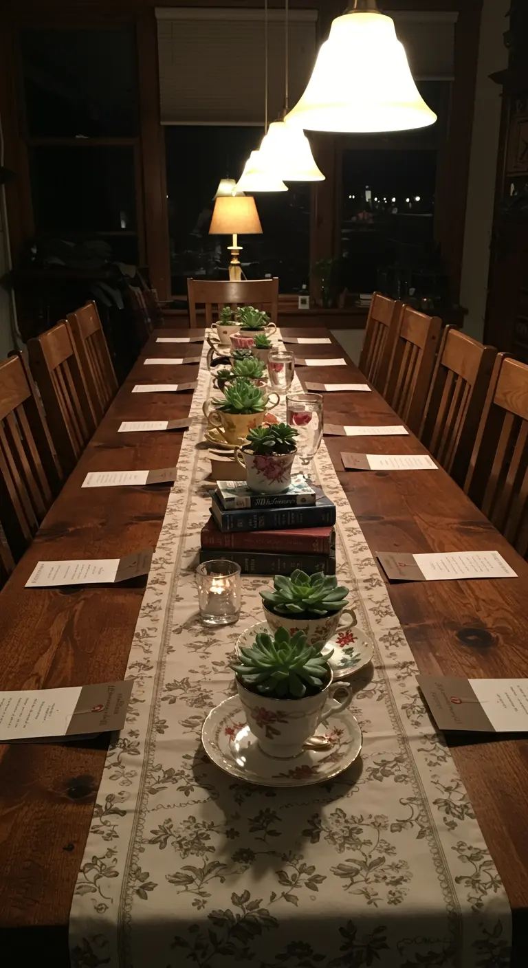 Lange eettafel gedecoreerd met vetplantjes in vintage theekopjes.