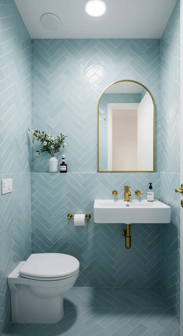 Compact toilet met ijsblauwe zelliges in visgraatpatroon en gouden accenten.