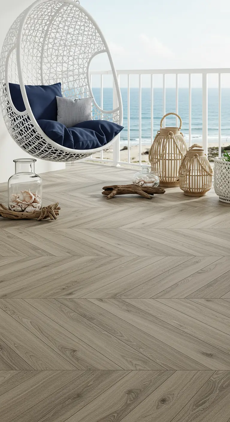 Balkon aan zee met een lichte houten visgraatvloer, witte hangstoel en blauwe kussens.