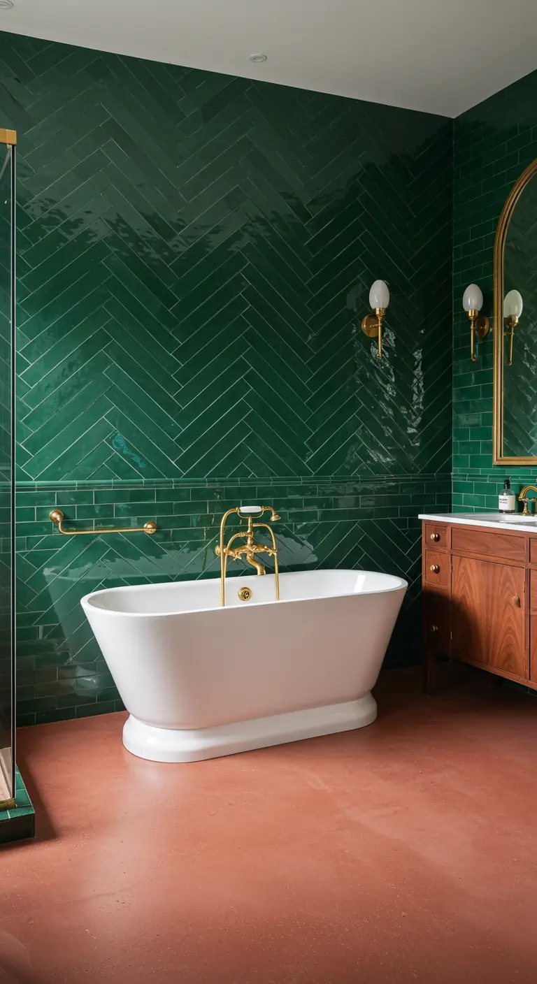 Luxe badkamer met donkergroene visgraattegels, een roze gietvloer en een vrijstaand bad.