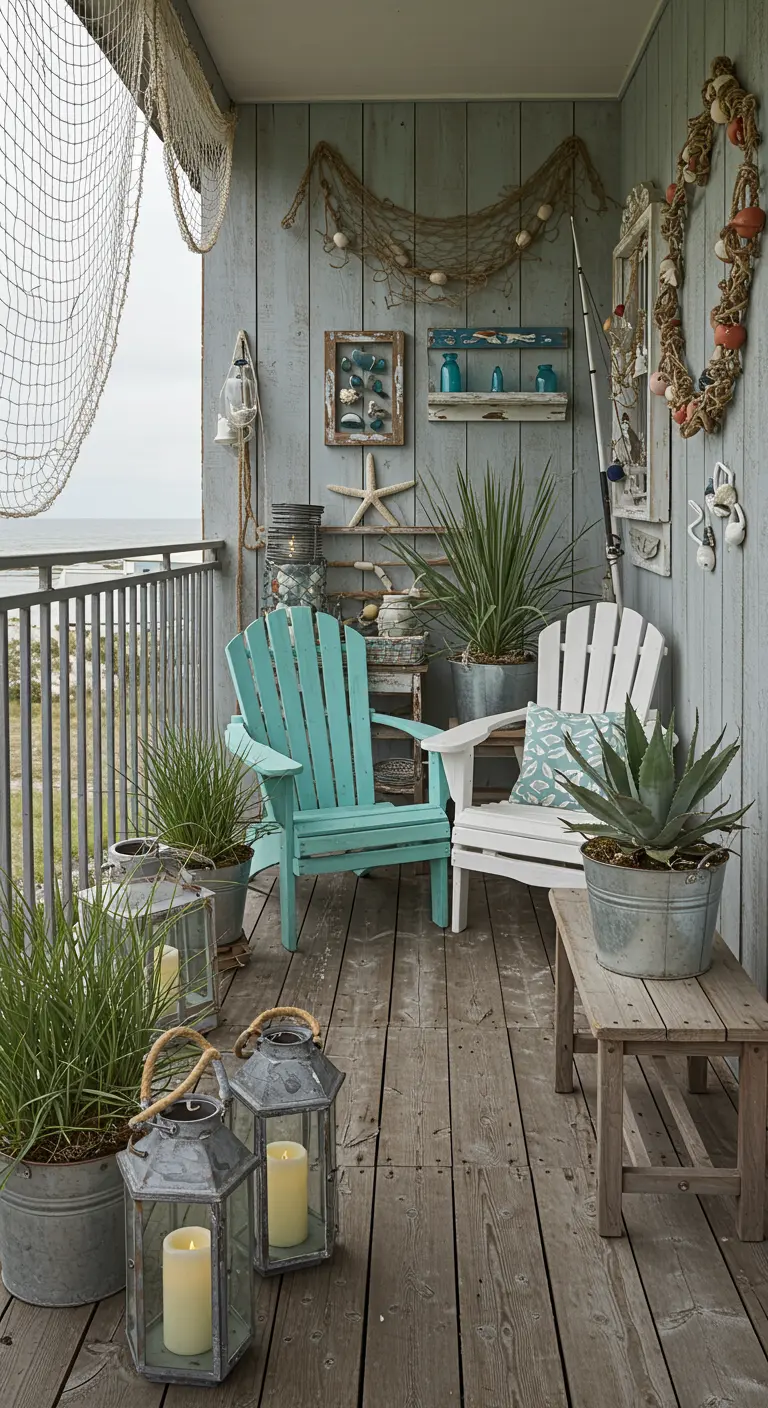 Balkon met verweerd houten wand, vissersnet, boeien, Adirondack stoelen en zinken potten.