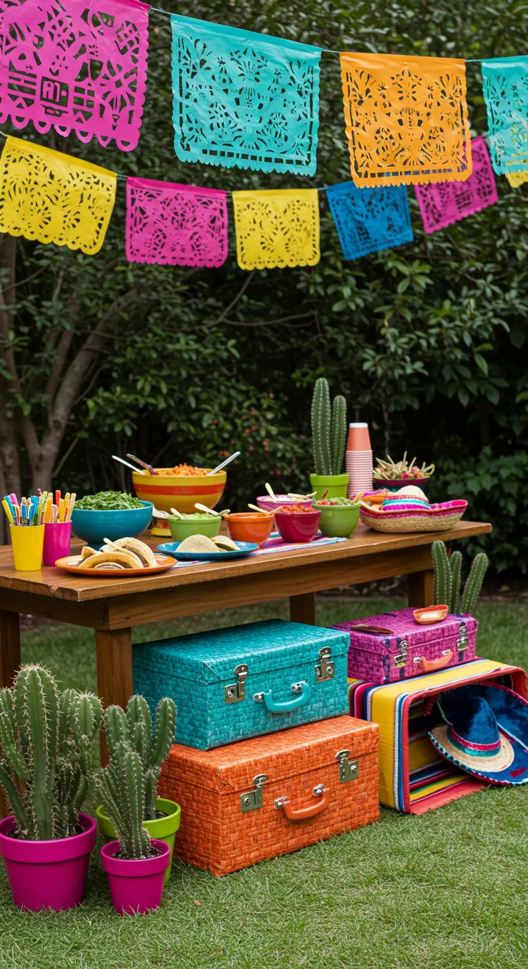 Mexicaans themafeest met kleurrijke koffers, cactussen en papel picado.