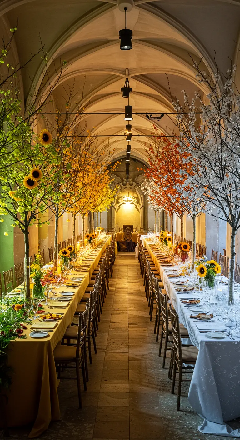 Lange dinertafels in een hal, gedecoreerd met bomen die de vier seizoenen uitbeelden.
