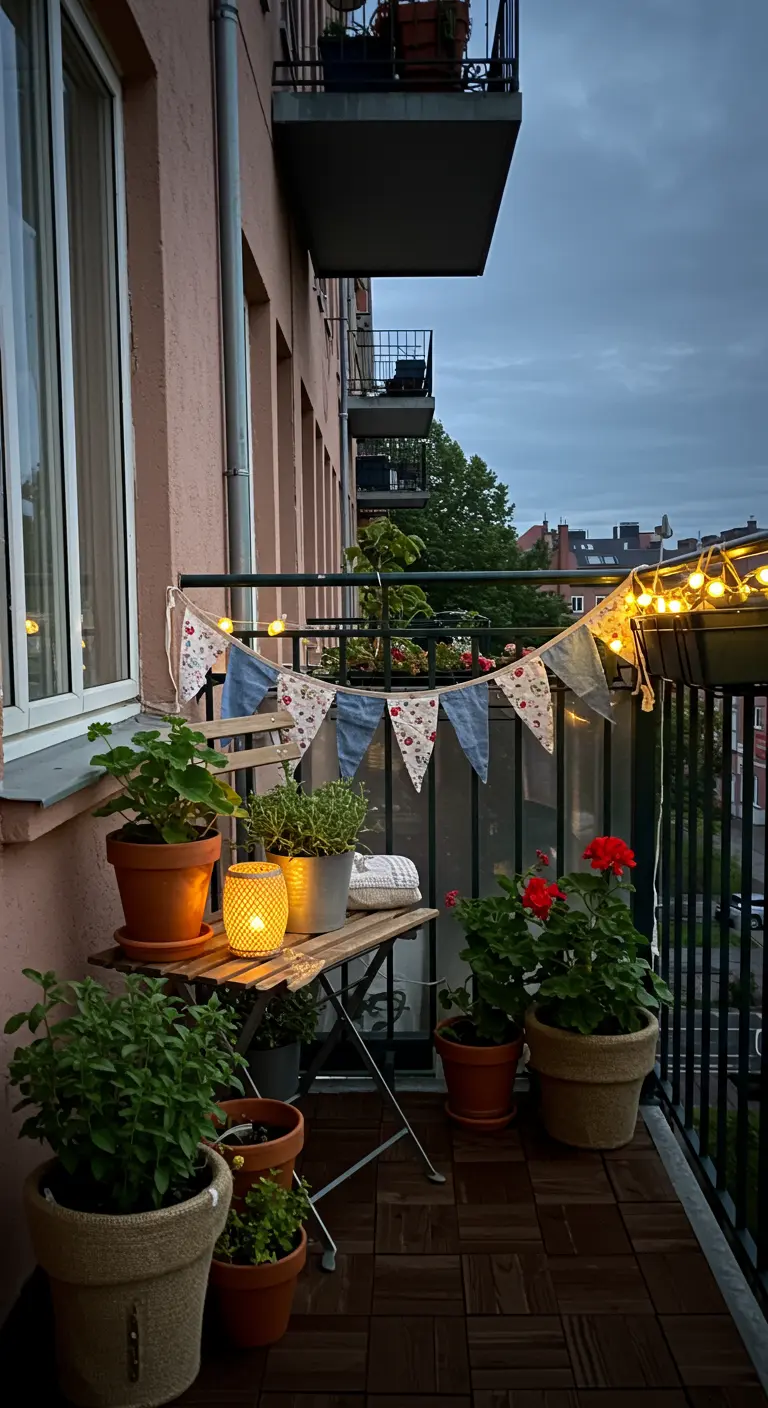 Balkon in de schemering met een zelfgemaakte vlaggenlijn van spijkerstof en bloemenprint.