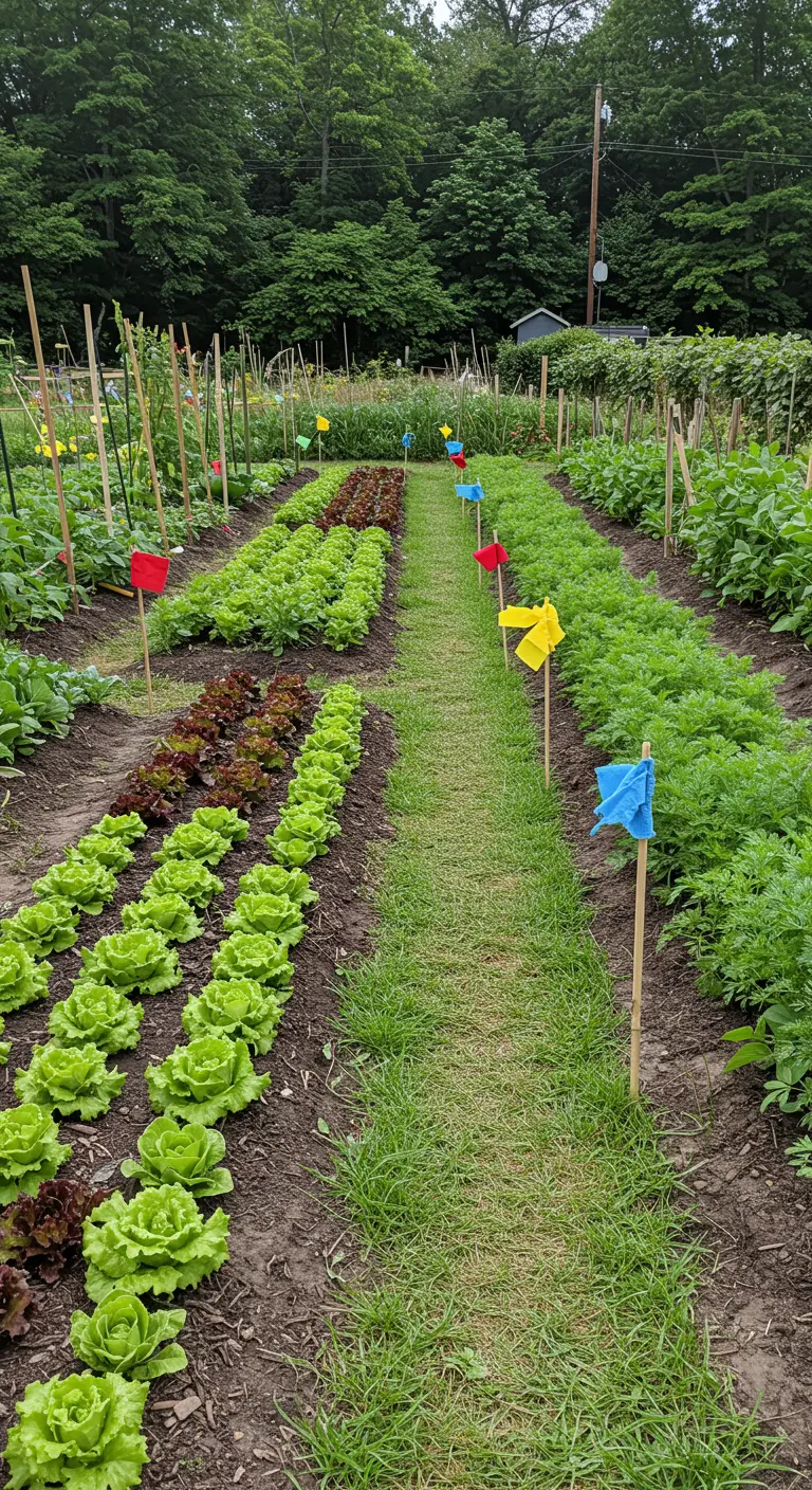 Moestuin met rijen sla en wortels, gemarkeerd met kleine, kleurrijke stoffen vlaggetjes.