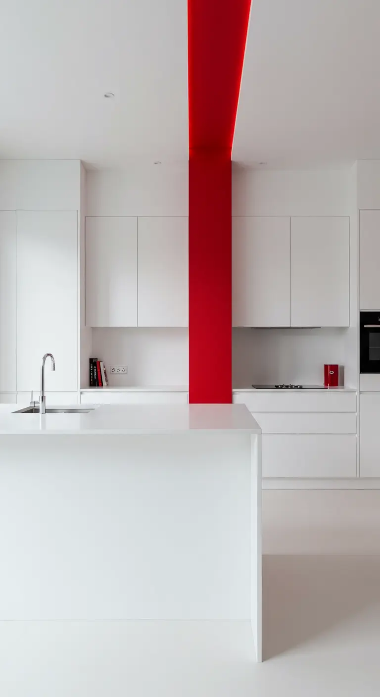 Witte keuken met een felrode verticale pilaar of balk.