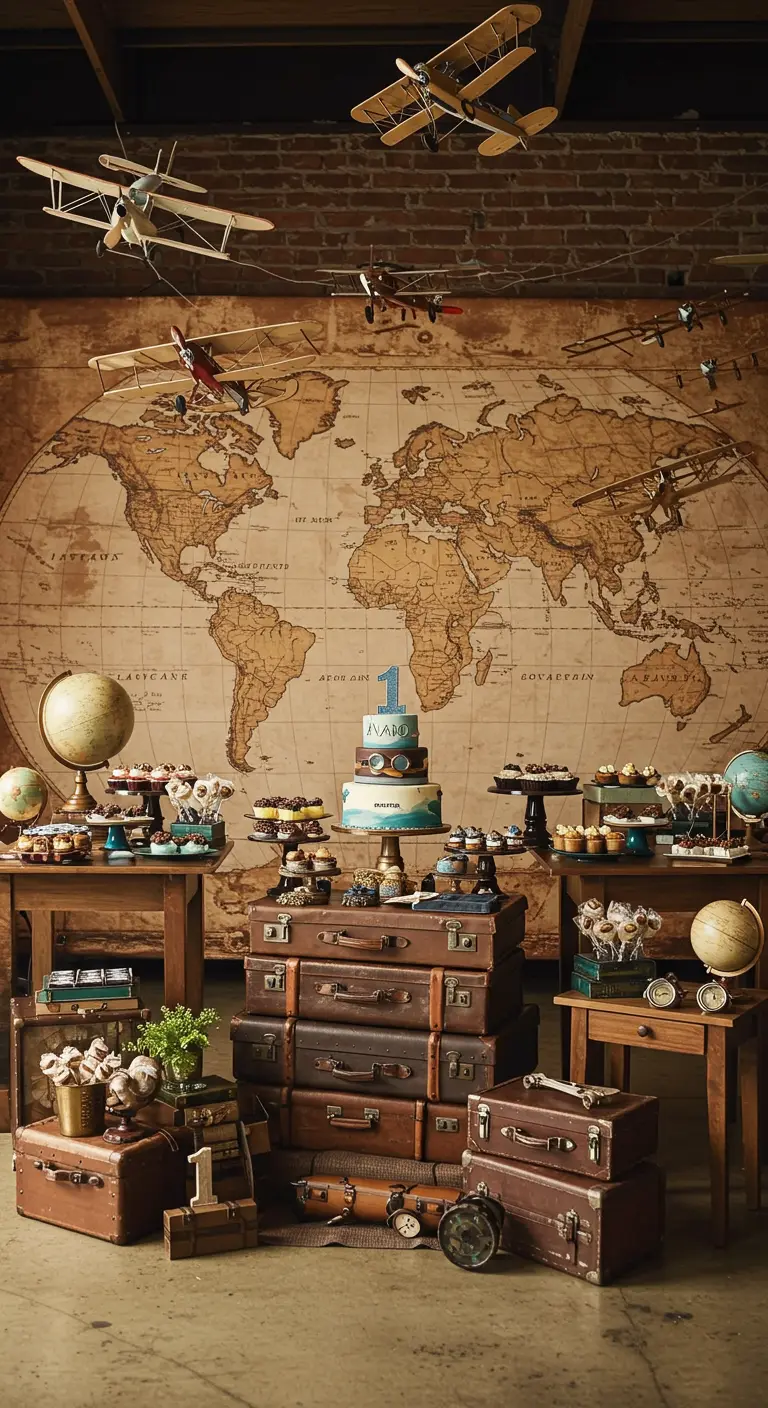 Feestdecor met wereldkaart, vintage koffers en modelvliegtuigjes.