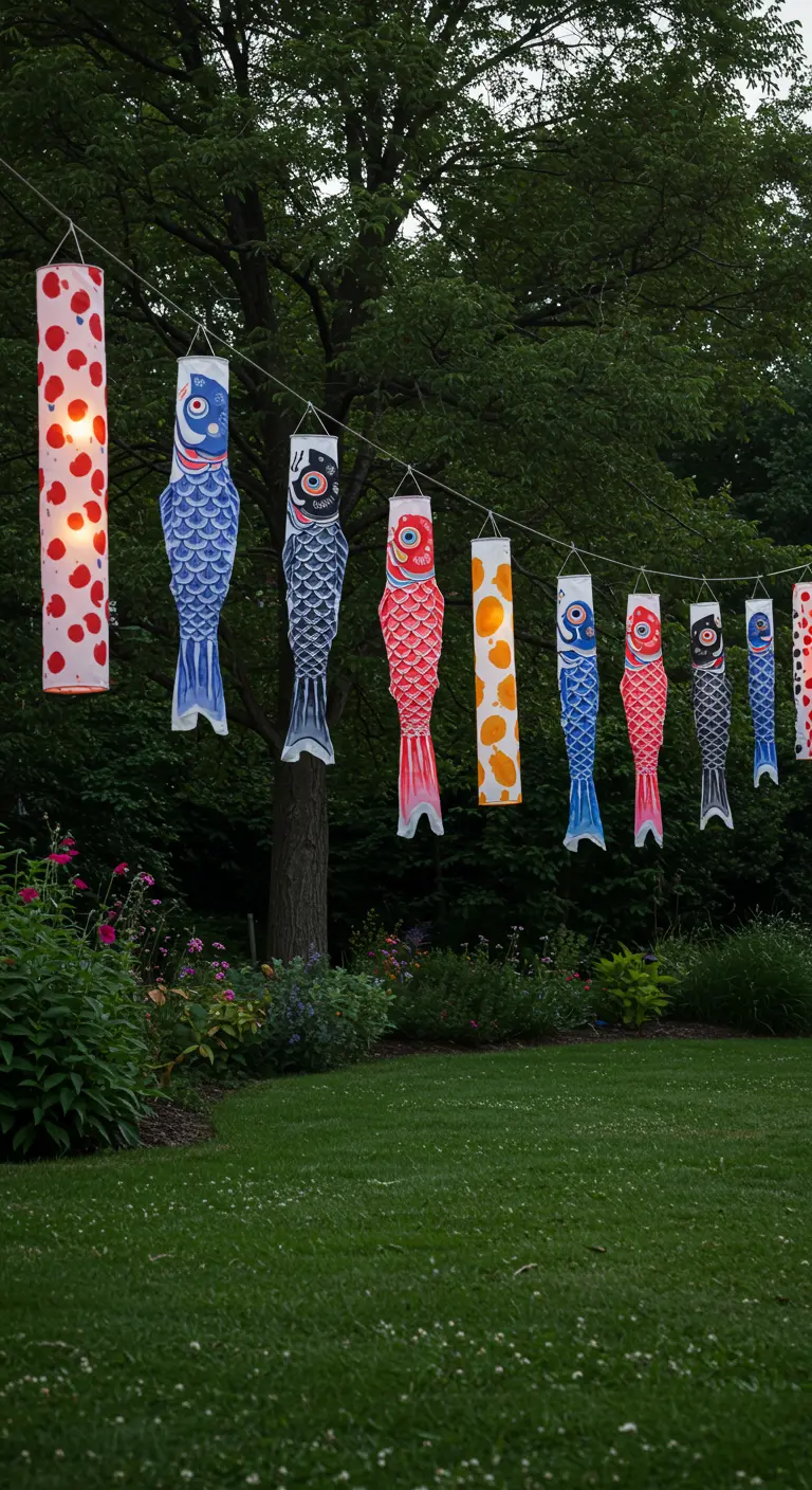 Een lijn met Japanse Koinobori (karper-vlaggen) in verschillende kleuren hangt in een tuin.