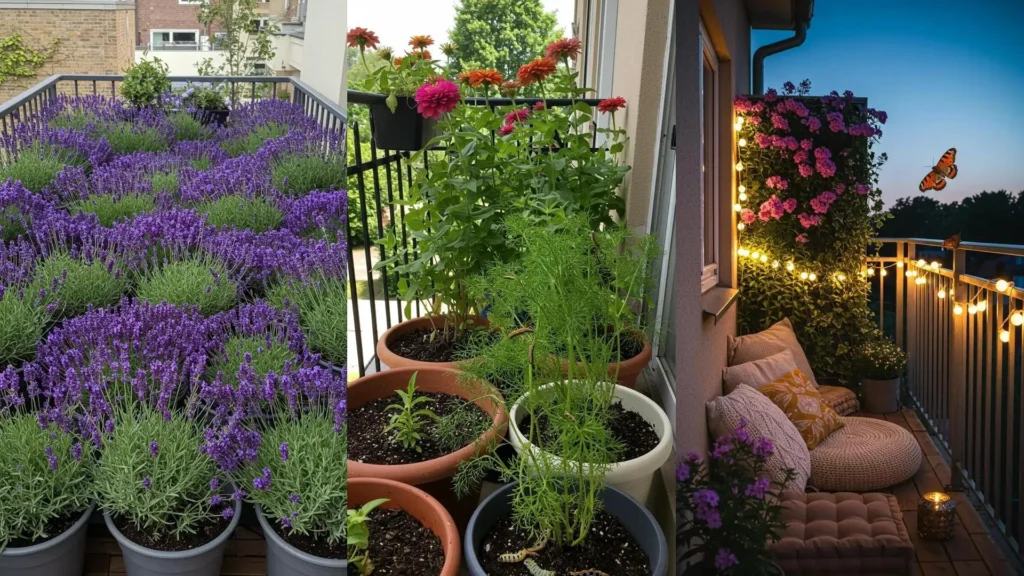 Vlindervriendelijke balkons met lavendel, bloeiende planten en sfeervolle verlichting, inclusief een vlinder.
