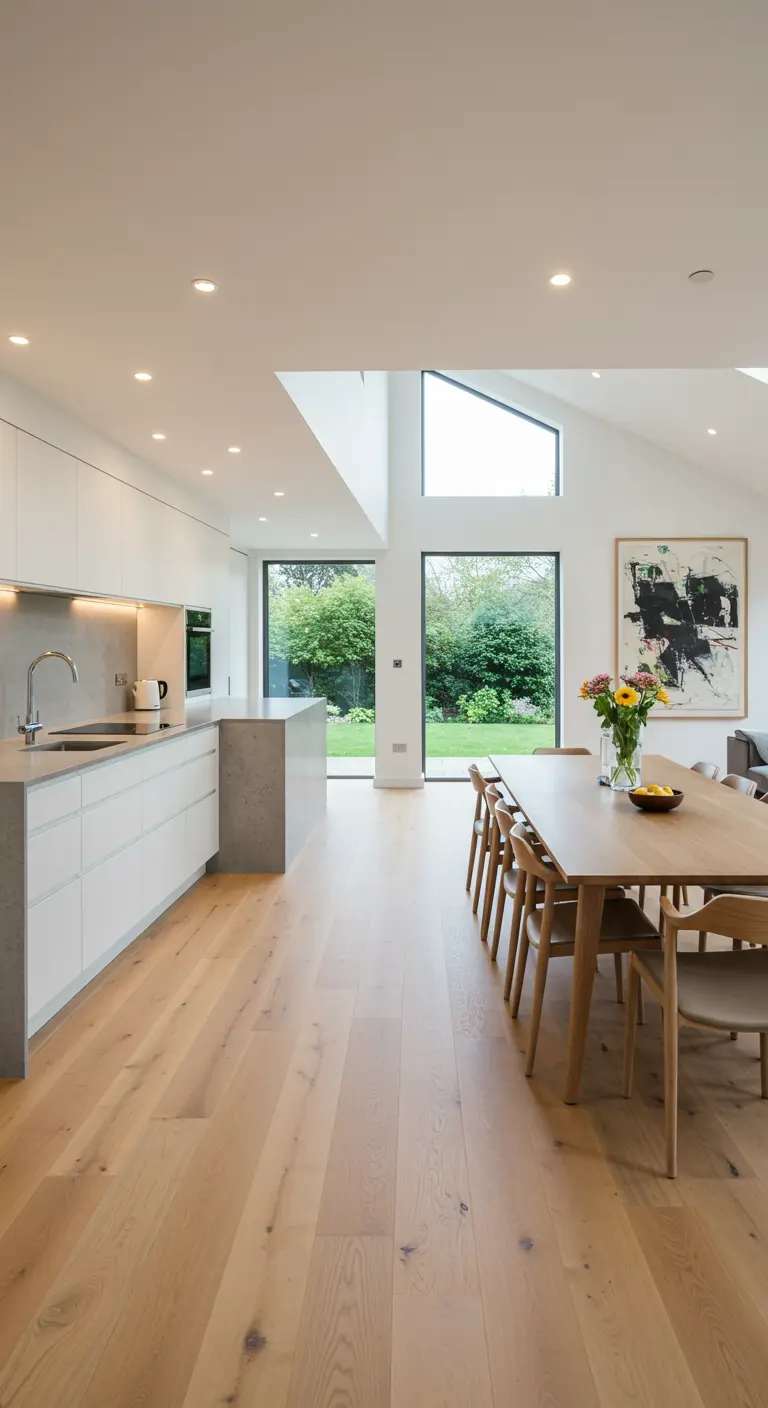 Open keuken met lichte houten vloer en minimalistische meubels, veel daglicht