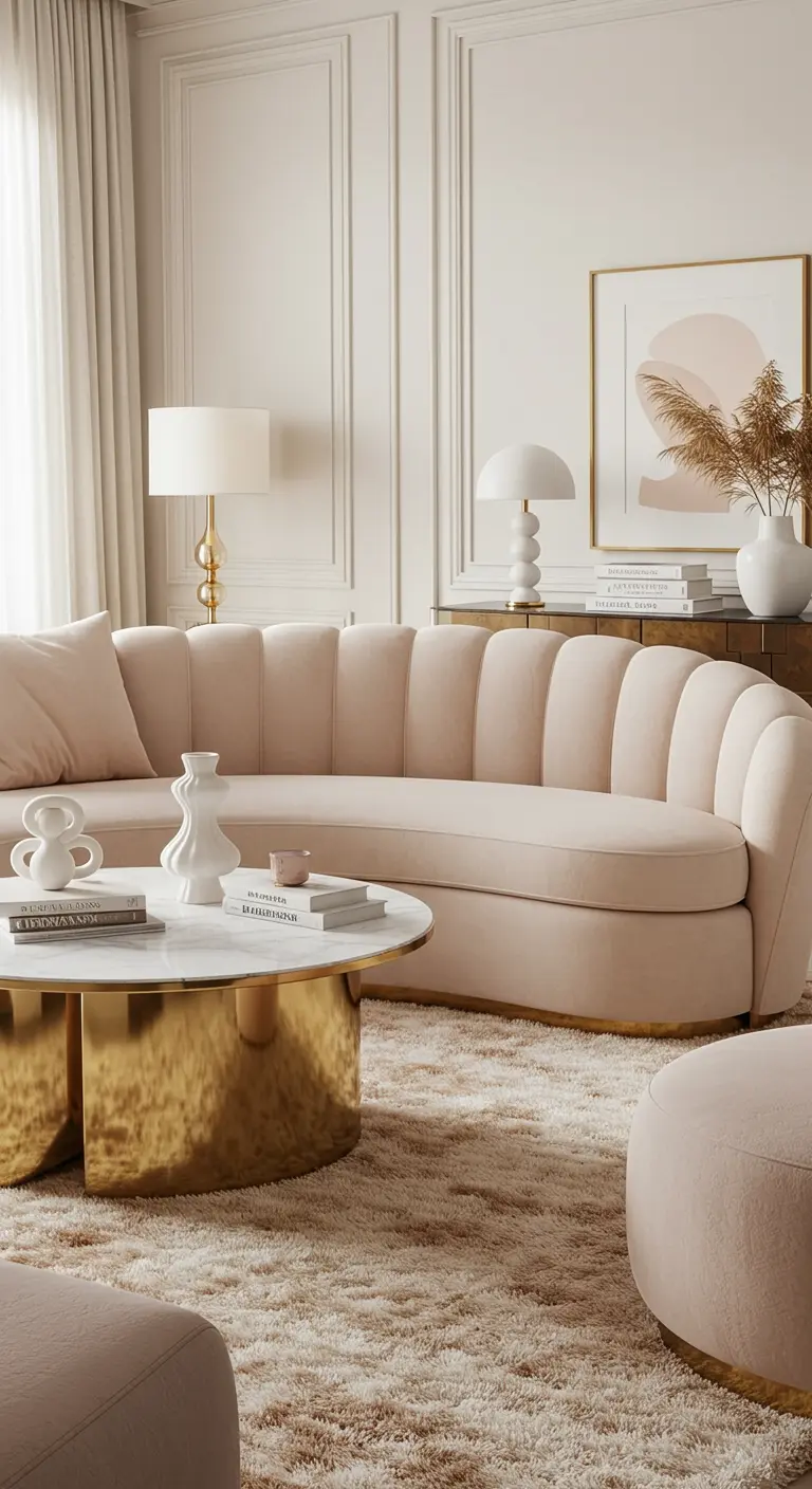 Elegante woonkamer met een zachtroze, schelpvormige bank en een ronde messing salontafel.