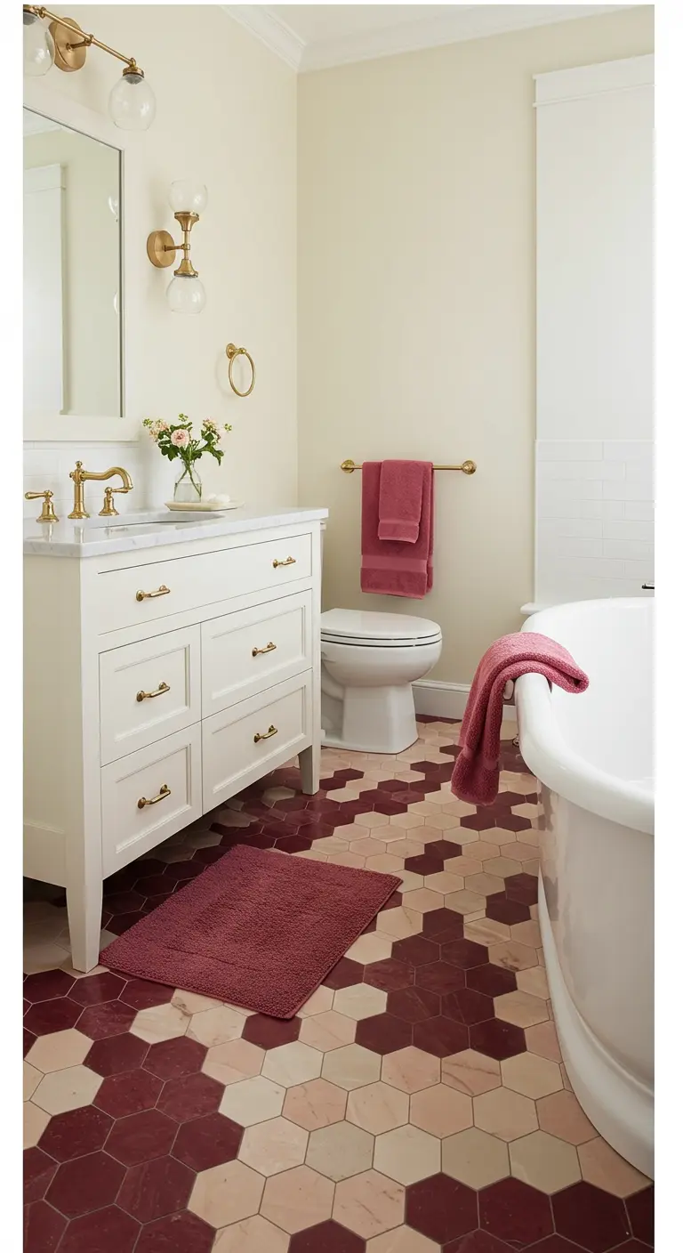 Badkamer met een vloer van rode en roze hexagon tegels en rode accessoires.