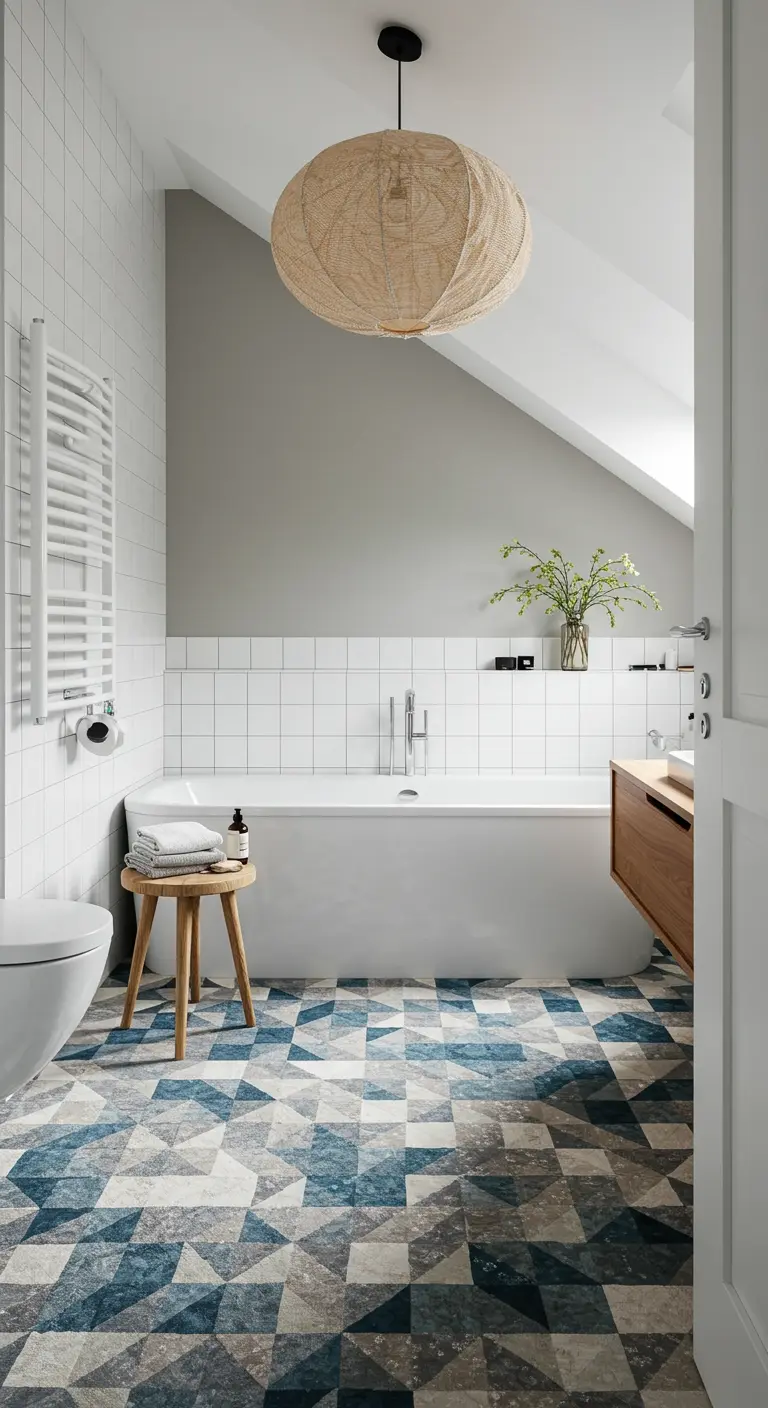 Badkamer met geometrische blauw-grijze vloertegels en een wit bad onder een schuin dak.
