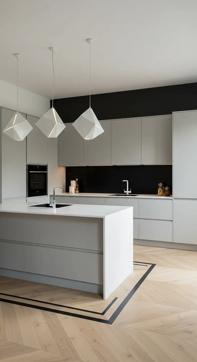 Lichtgrijze keuken met zwarte spatwand en een geometrisch zwart lijnenspel in de houten vloer.