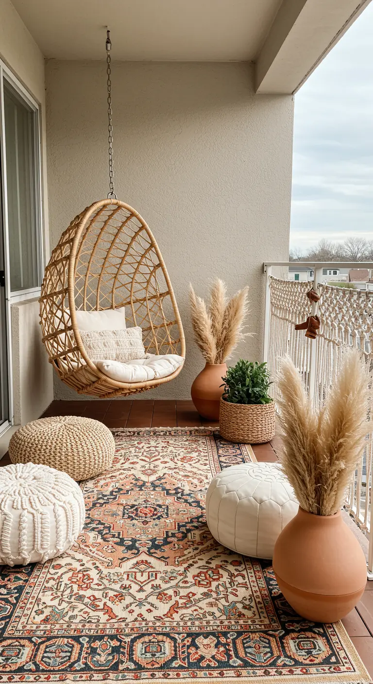 Boho balkon met een rotan hangstoel, diverse poefs en een groot tapijt.