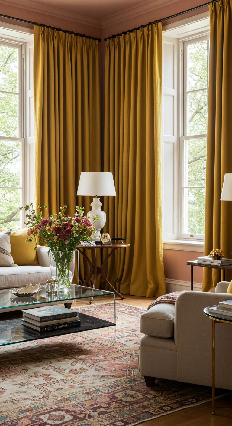 Elegante woonkamer met hoge ramen, okergele fluwelen gordijnen en een perzikkleurige muur.
