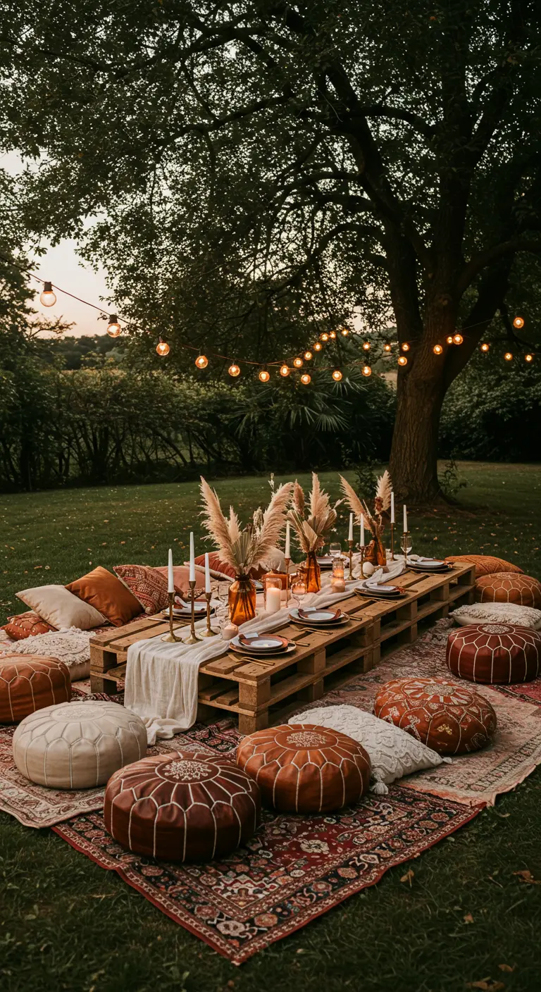 Bohemian picknicktafel van pallets met kussens, tapijten en lichtslingers in een tuin.