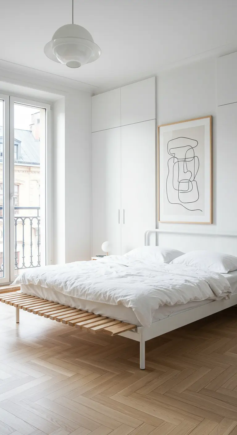 Witte minimalistische slaapkamer met visgraatvloer, wit metalen bed en abstracte kunst.