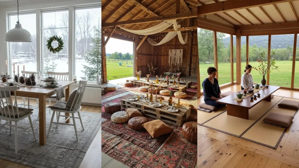 Vloerkleden en ander textiel onder diverse tafels, gebruikt als sfeervol en uniek feestdecor.