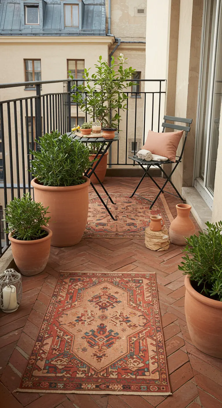 Balkon met terracotta vloertegels, twee buitenvloerkleden en planten in terracotta potten.