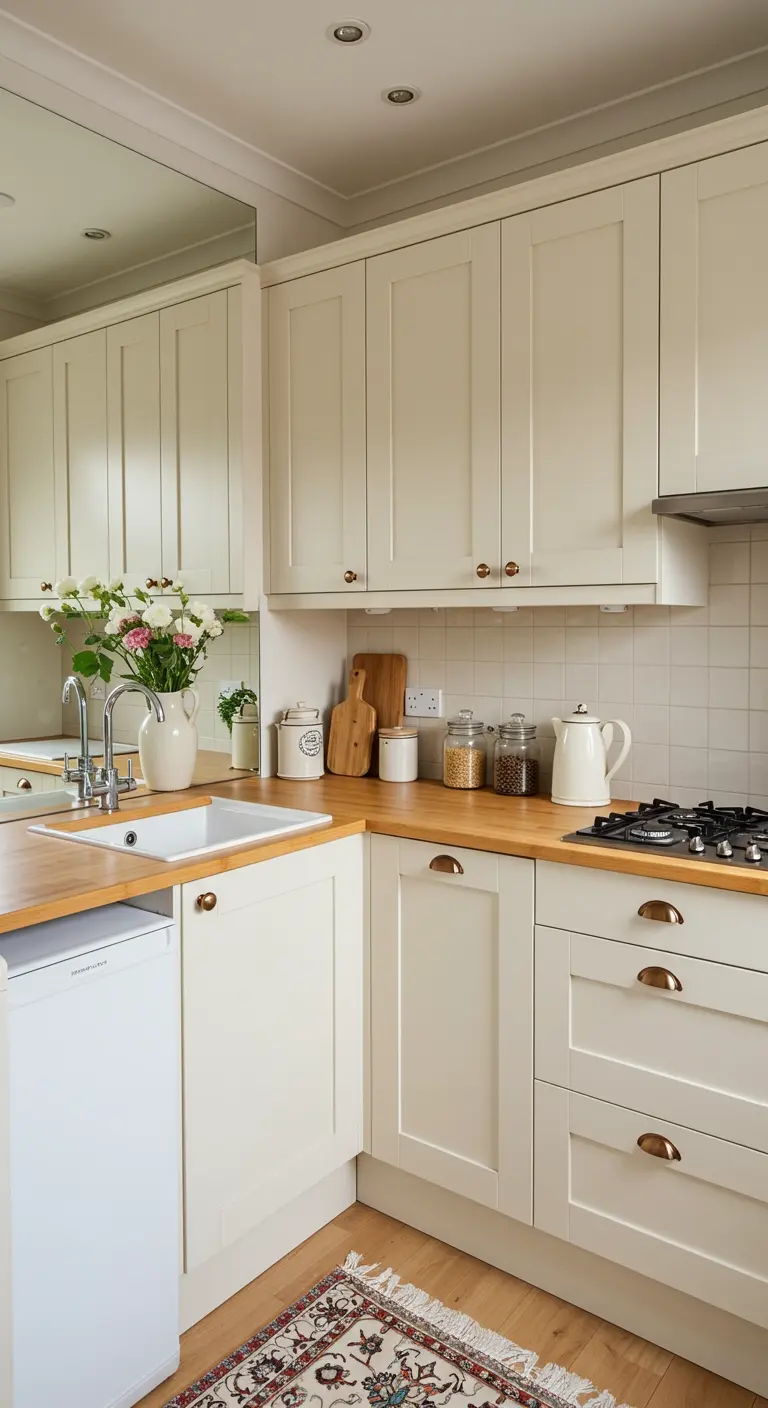 Compacte, crèmekleurige keuken met een houten werkblad en een kleurrijk Perzisch tapijt op de vloer.