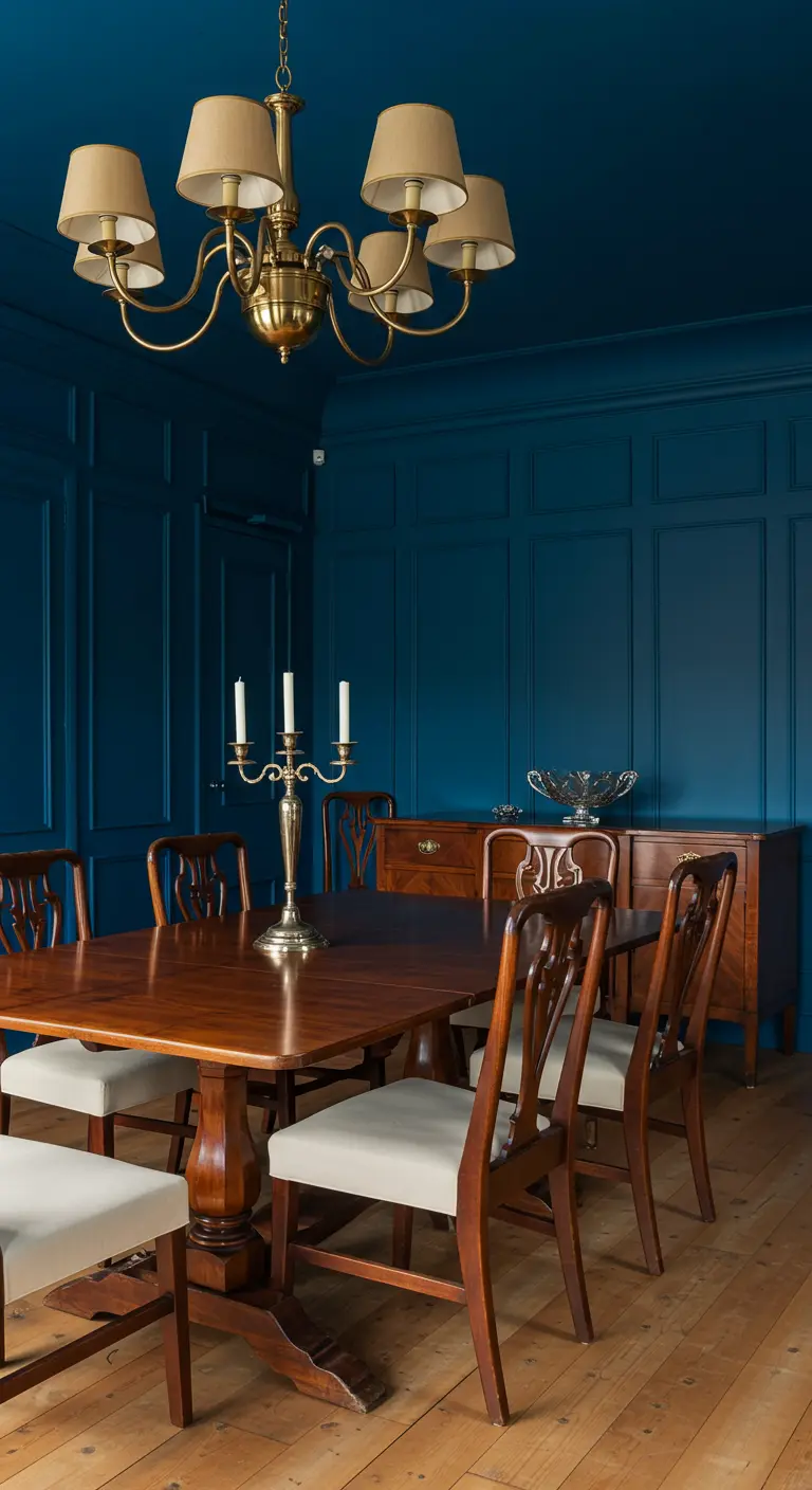 Klassieke eetkamer met muren en plafond in pauwenblauw, met traditionele houten meubels.